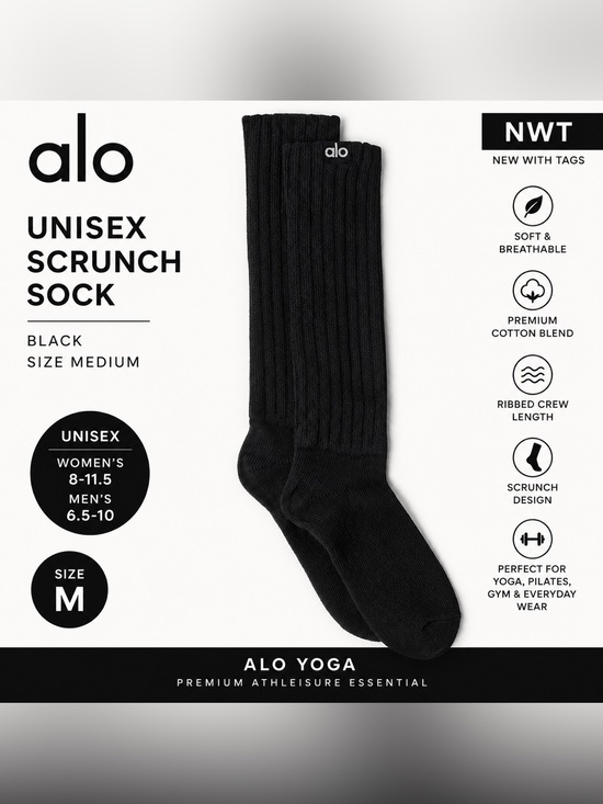 ALO Yoga Accessories - NWT Alo Yoga Unisex Scrunch Sock Black Medium Ribbed Crew Slouchy Athleisure